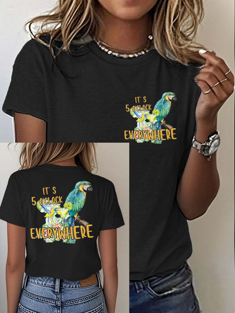 Women's It‘s 5 O'clock Everywhere Print Casual Iron On Short Sleeve T-Shirt