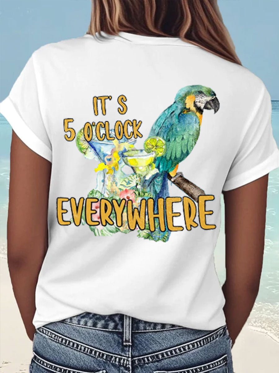 Women's It‘s 5 O'clock Everywhere Print Casual Iron On Short Sleeve T-Shirt