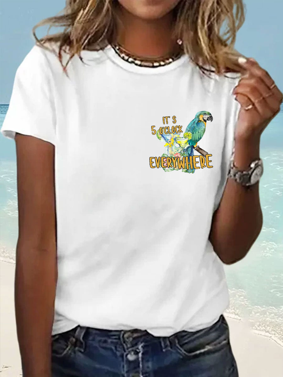 Women's It‘s 5 O'clock Everywhere Print Casual Iron On Short Sleeve T-Shirt