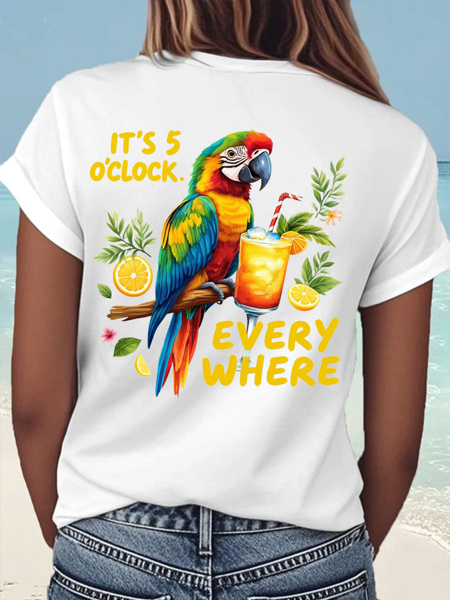 Women's It‘s 5 O'clock Everywhere Print Casual Iron On Short Sleeve T-Shirt