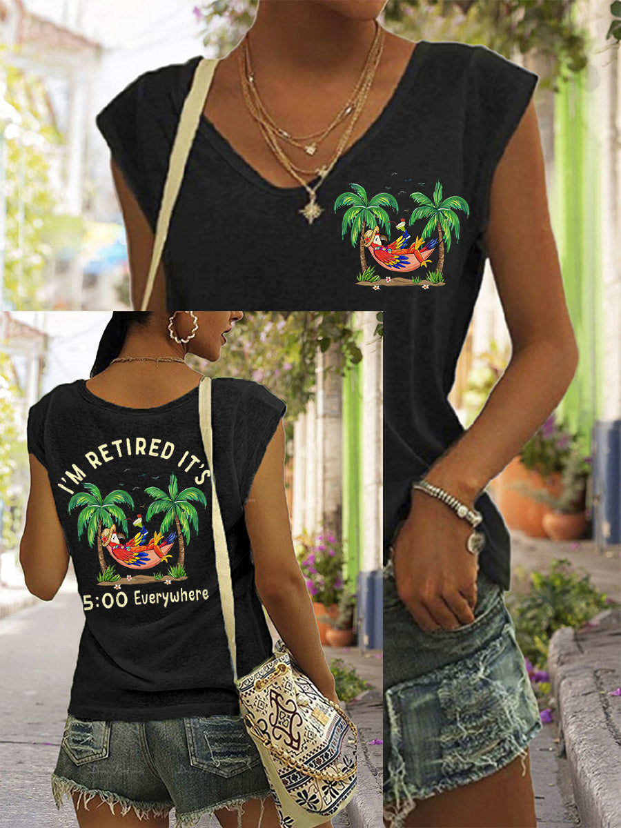 Women's I'm Retired It's 5 O'clock Everywhere Parrot Print Casual Sleeveless T-Shirt