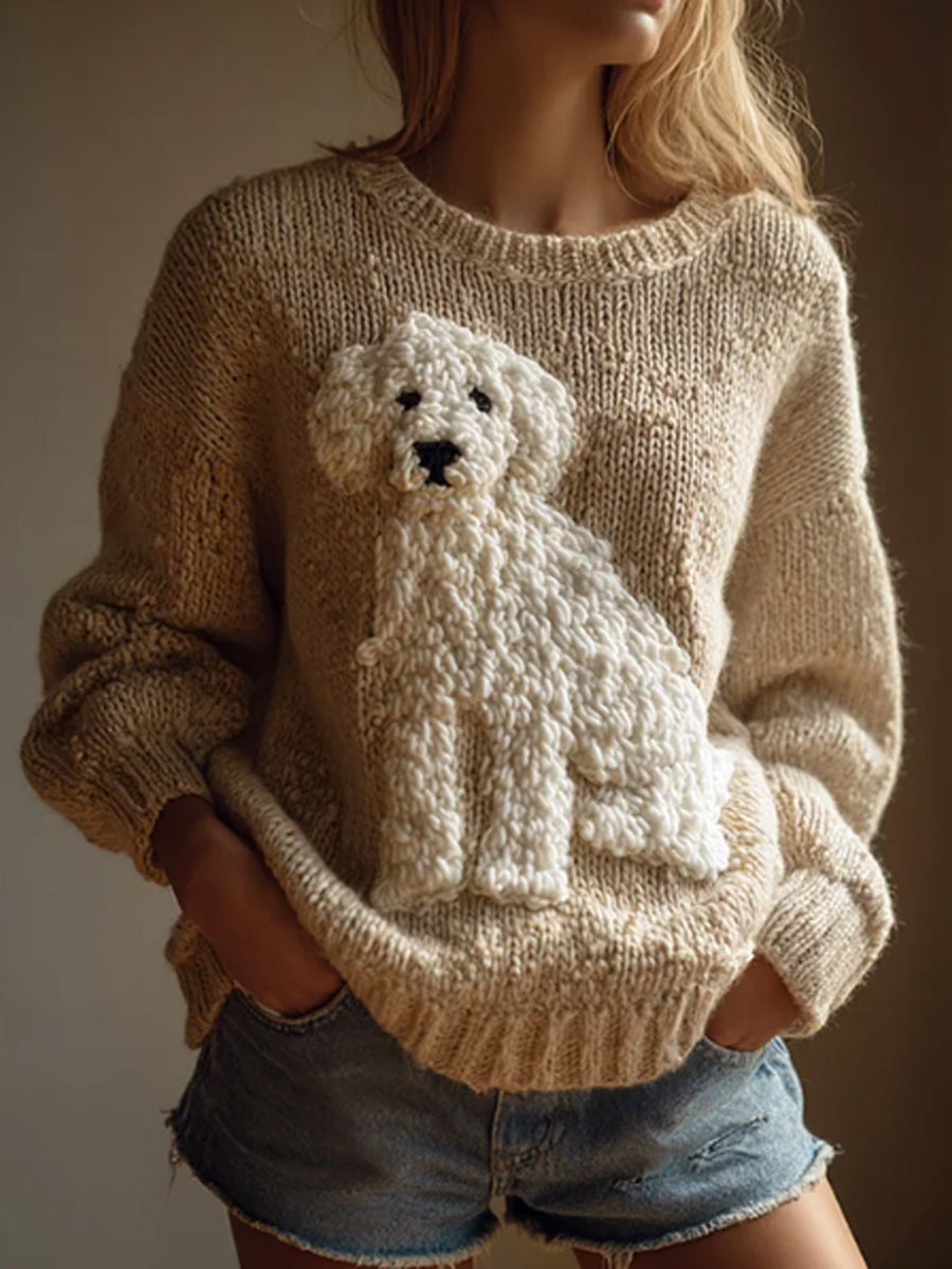 Women's Vintage Fuzzy Dog Felt Cozy Knit Sweater
