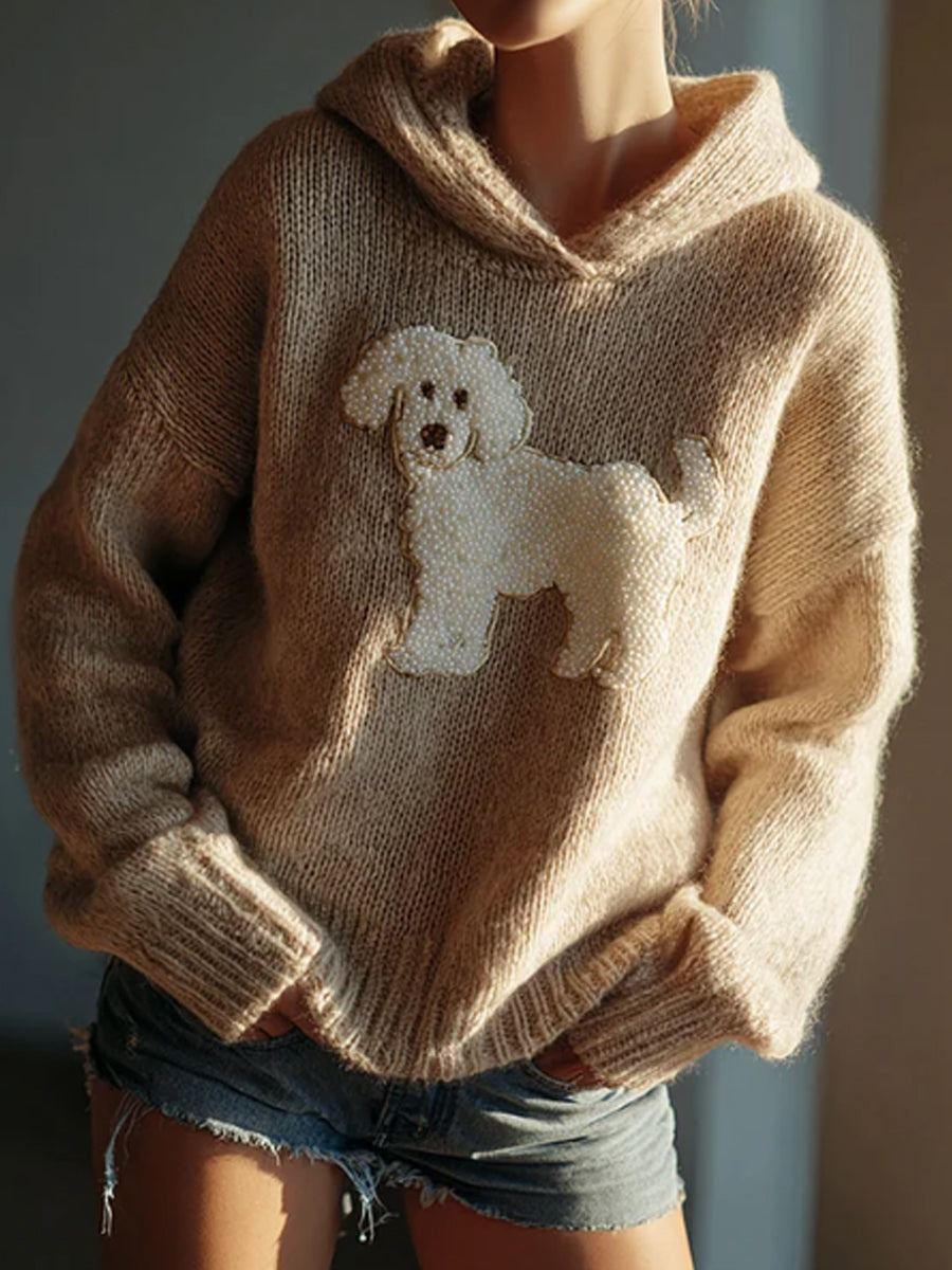Women's Classic Fuzzy Poodle Dog Felt Cozy Knit Hooded Sweater