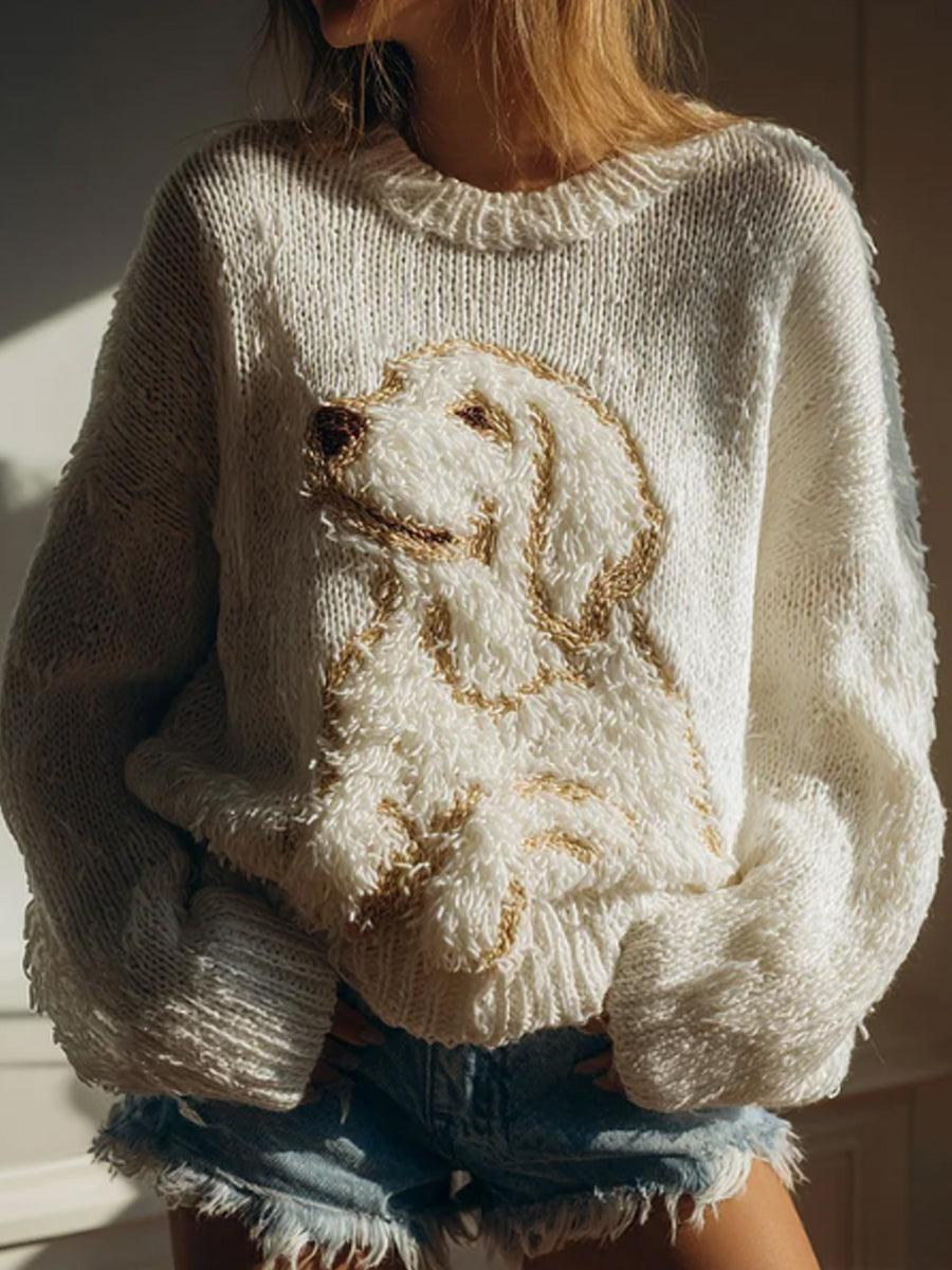 Women's Fuzzy Golden Retriever Dog Felt Cozy Knit Sweater