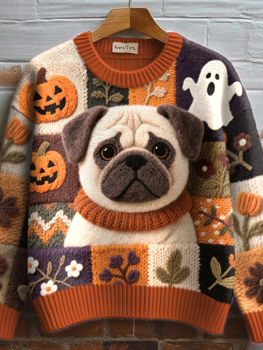 Women's Lovely Pug Felt Art Cozy Knit Sweater