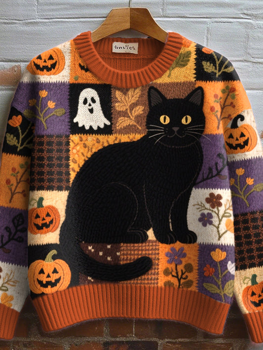 Women's Halloween Inspired Cat Embroidered Cozy Knit Sweater