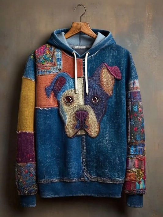 Denim Dog Print Art Casual Hoodie