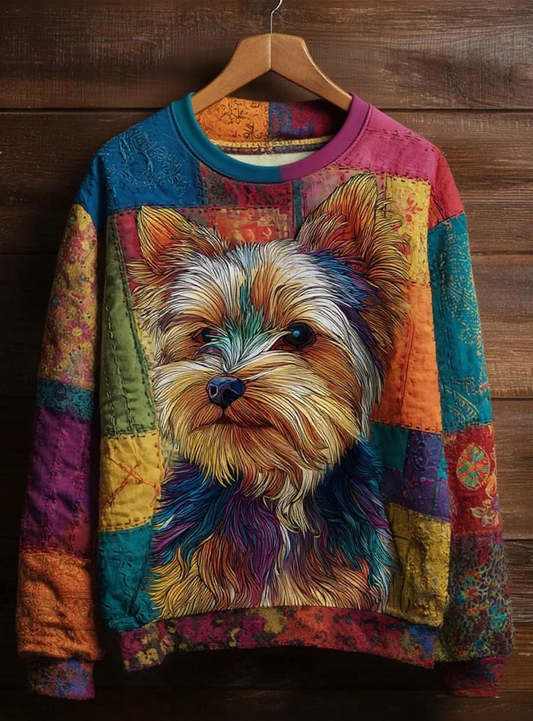 Women's Vintage Patchwork Dog Art Print Casual Sweatshirt