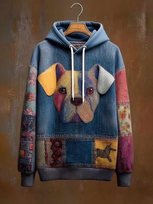 Vintage Patchwork Dog Print Art Casual Hoodie