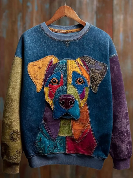 Women's Vintage Patchwork Dog Art Print Casual Sweatshirt