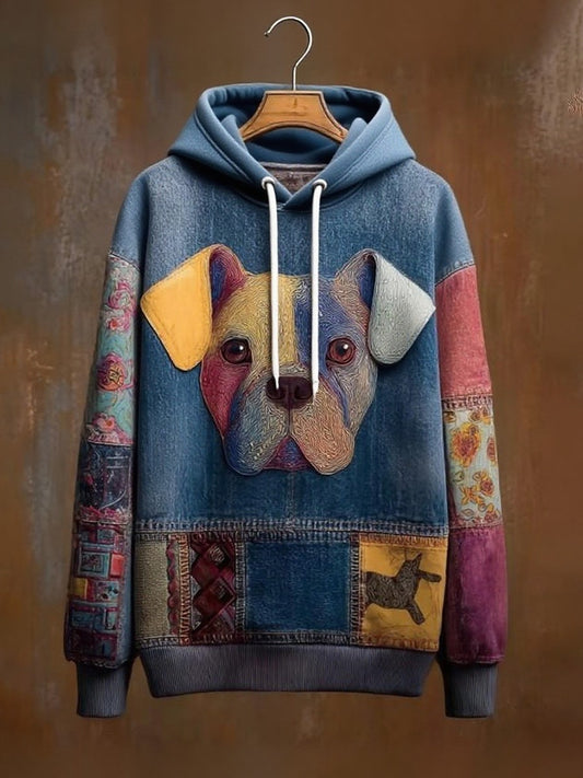 Vintage Patchwork Dog Print Art Casual Hoodie