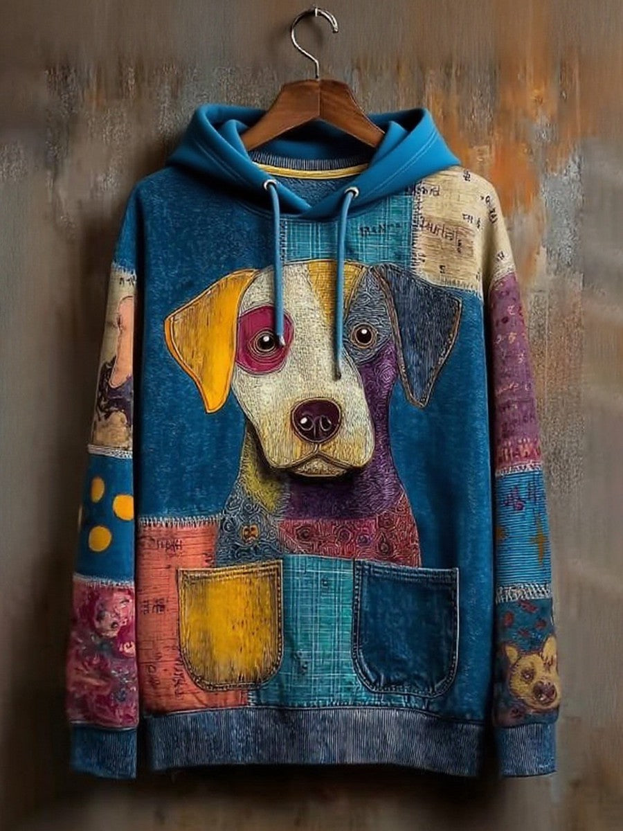 Vintage Patchwork Dog Print Art Casual Hoodie