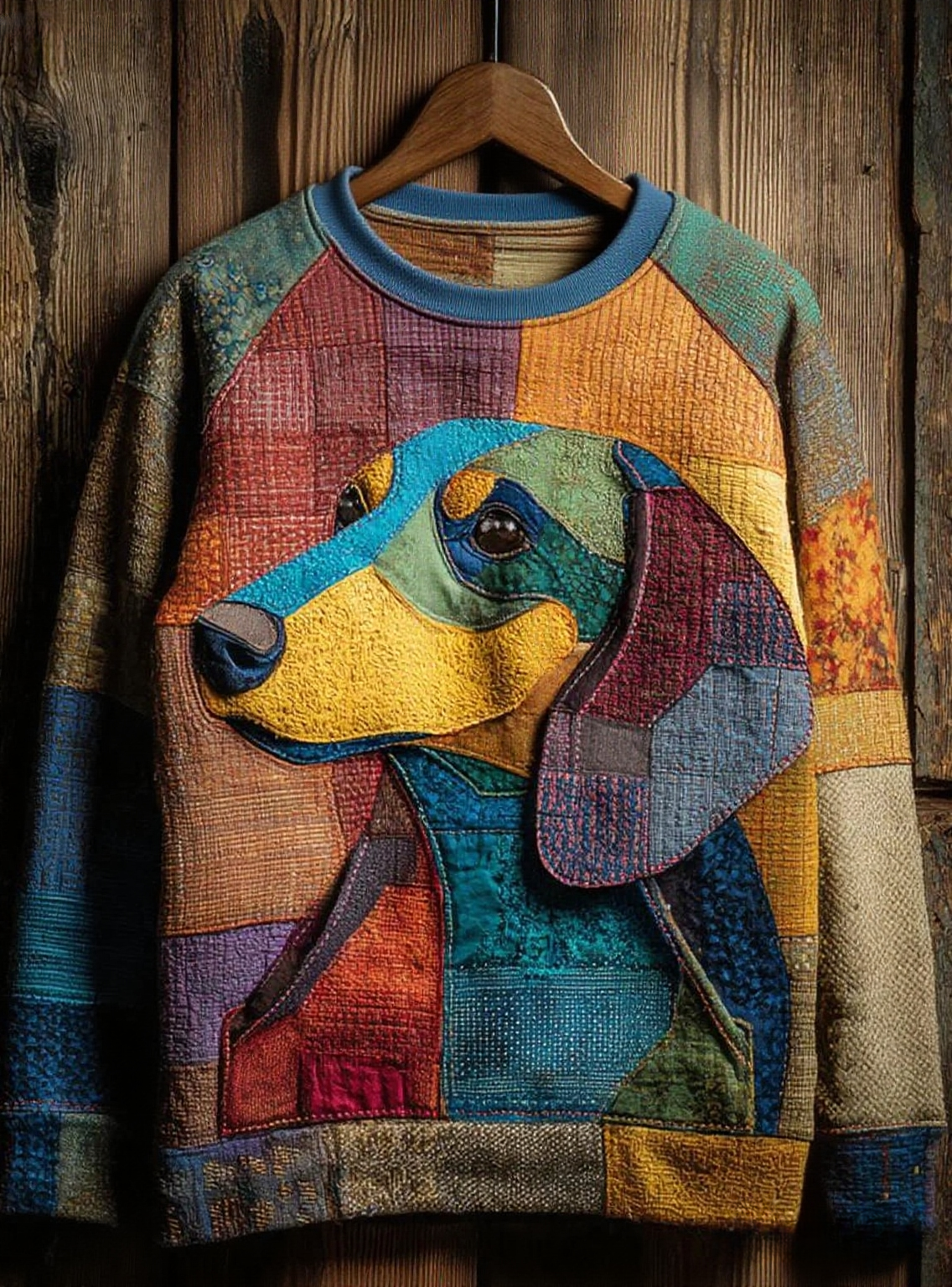 Women's Vintage Patchwork Dog Art Print Casual Sweatshirt