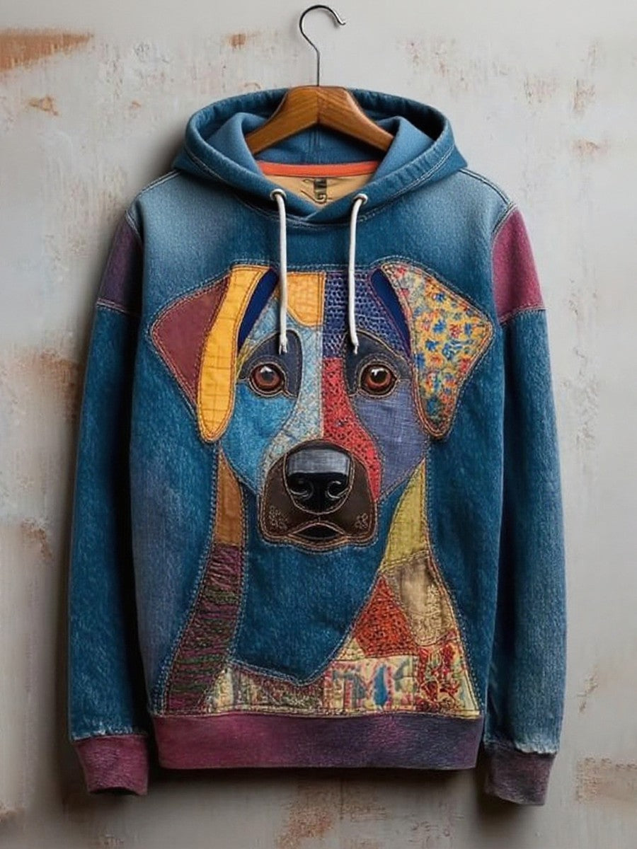 Vintage Patchwork Dog Print Art Casual Hoodie
