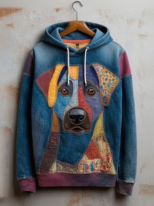 Vintage Patchwork Dog Print Art Casual Hoodie
