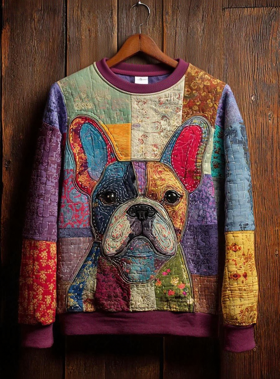 Women's Vintage Patchwork Dog Art Print Casual Sweatshirt