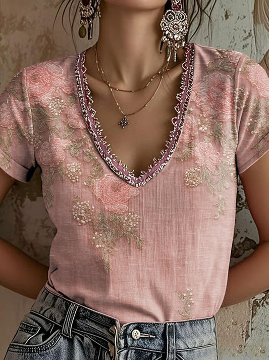 Women's Pink Floral Print Casual T-Shirt