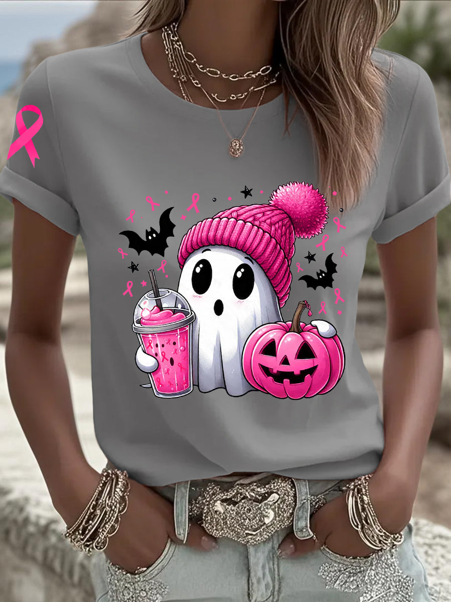 Women's Breast Cancer Awareness In October We Wear Pink Ghost Pink Ribbon Short Sleeve T-shirt
