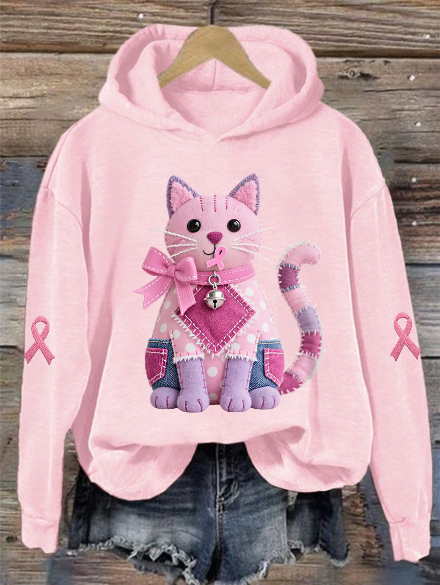 Women's Pink Cat Pink Ribbon Breast Cancer Awareness Support Sweatshirt