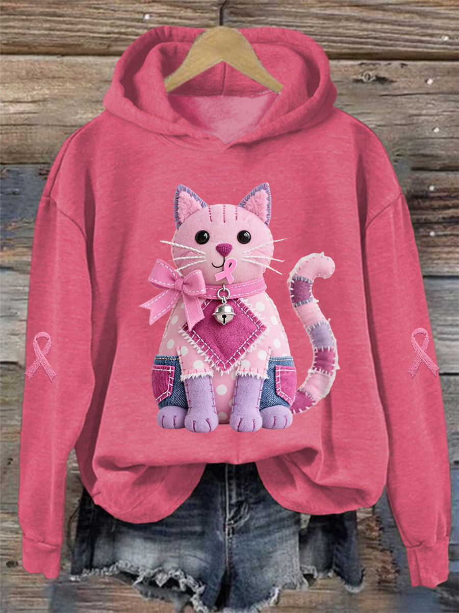 Women's Pink Cat Pink Ribbon Breast Cancer Awareness Support Sweatshirt