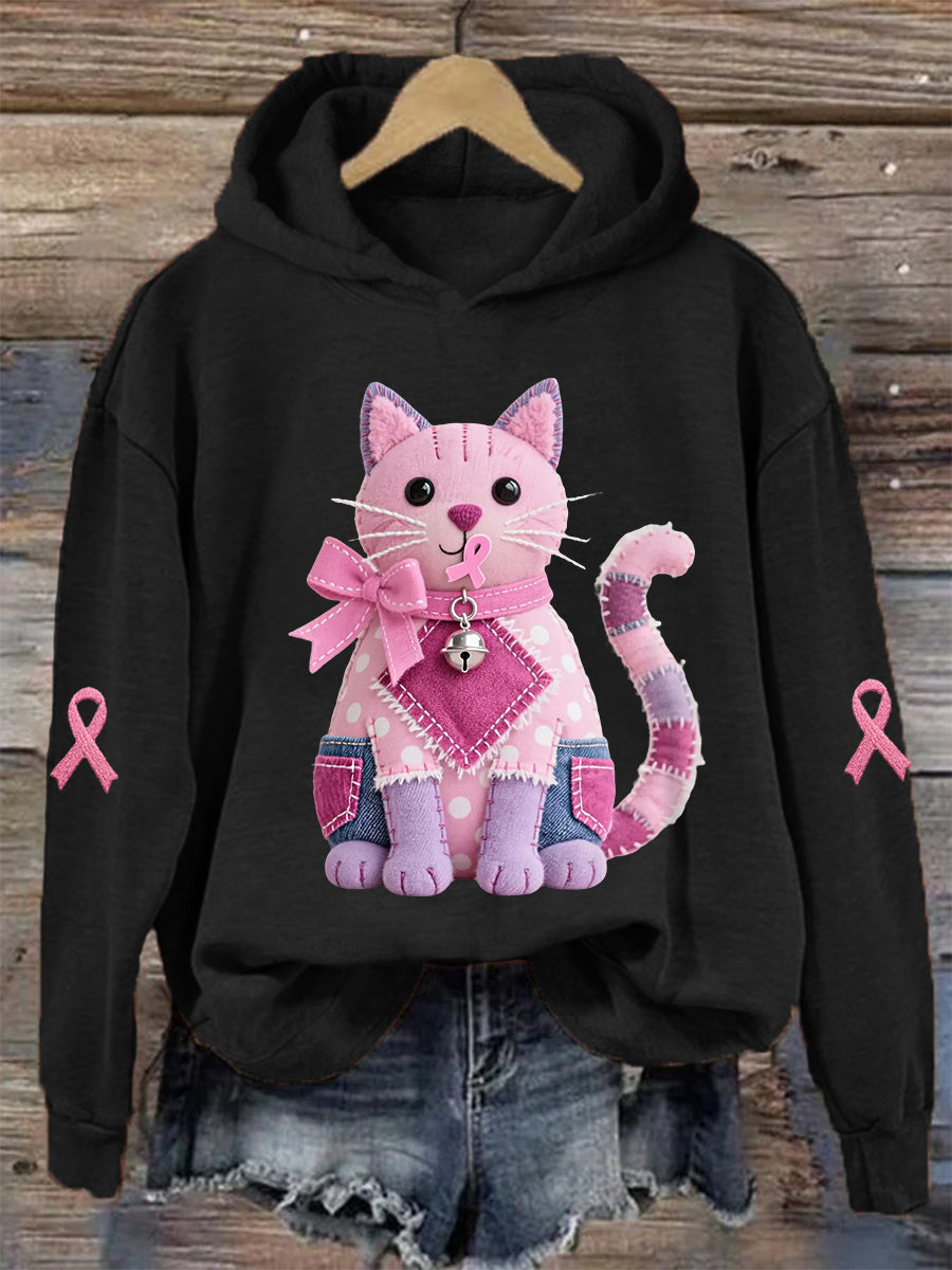 Women's Pink Cat Pink Ribbon Breast Cancer Awareness Support Sweatshirt