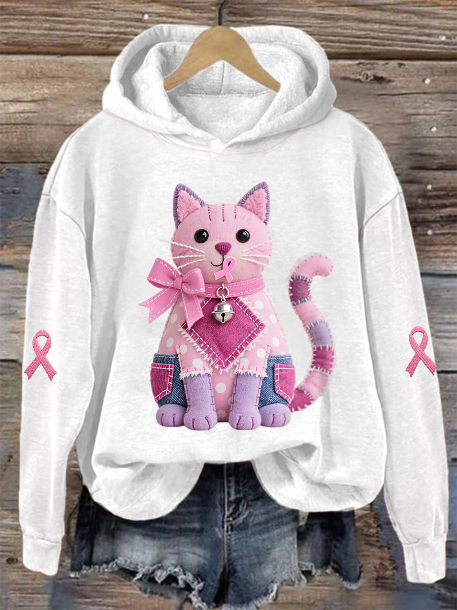 Women's Pink Cat Pink Ribbon Breast Cancer Awareness Support Sweatshirt