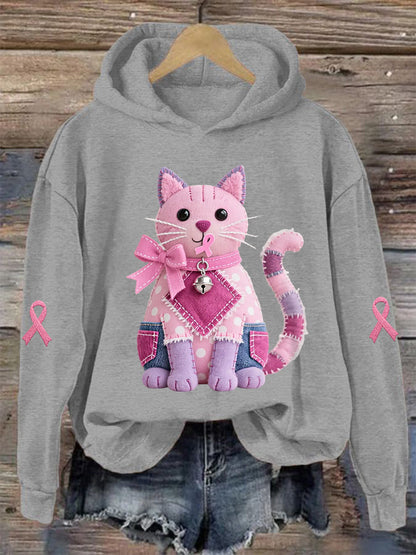 Women's Pink Cat Pink Ribbon Breast Cancer Awareness Support Sweatshirt