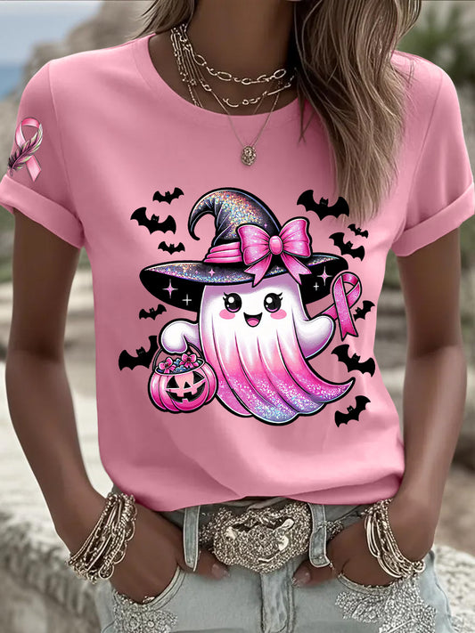 Women's Breast Cancer Awareness In October We Wear Pink Ghost Pink Ribbon Short Sleeve T-shirt