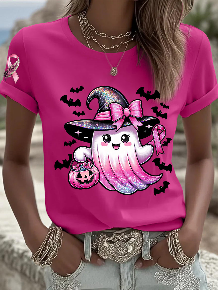 Women's Breast Cancer Awareness In October We Wear Pink Ghost Pink Ribbon Short Sleeve T-shirt