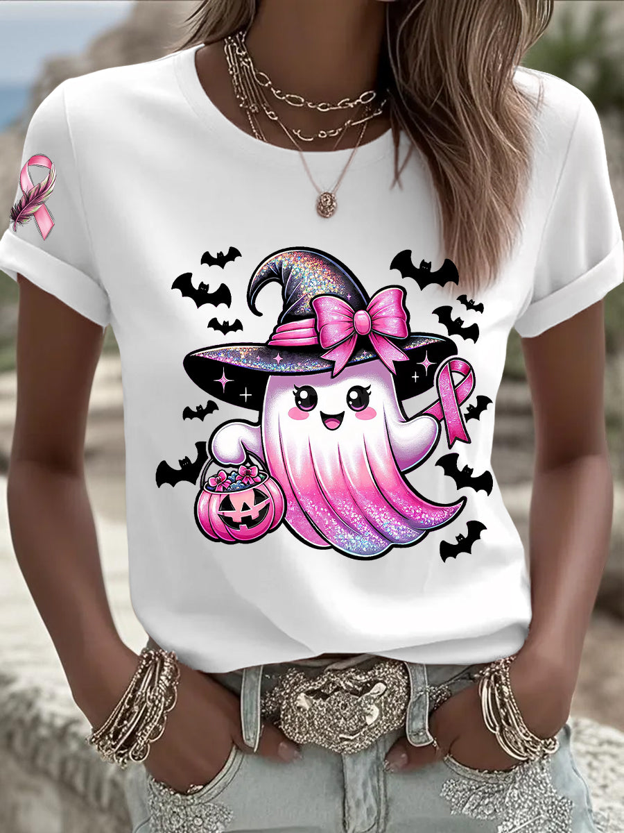 Women's Breast Cancer Awareness In October We Wear Pink Ghost Pink Ribbon Short Sleeve T-shirt