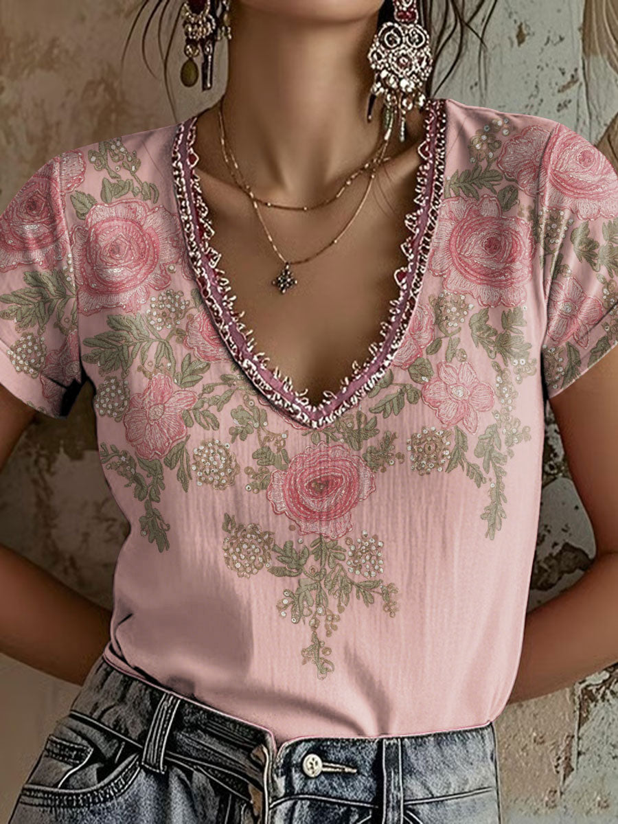 Women's Pink Floral Print Casual T-Shirt
