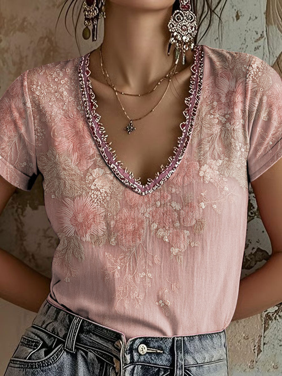 Women's Pink Floral Print Casual T-Shirt