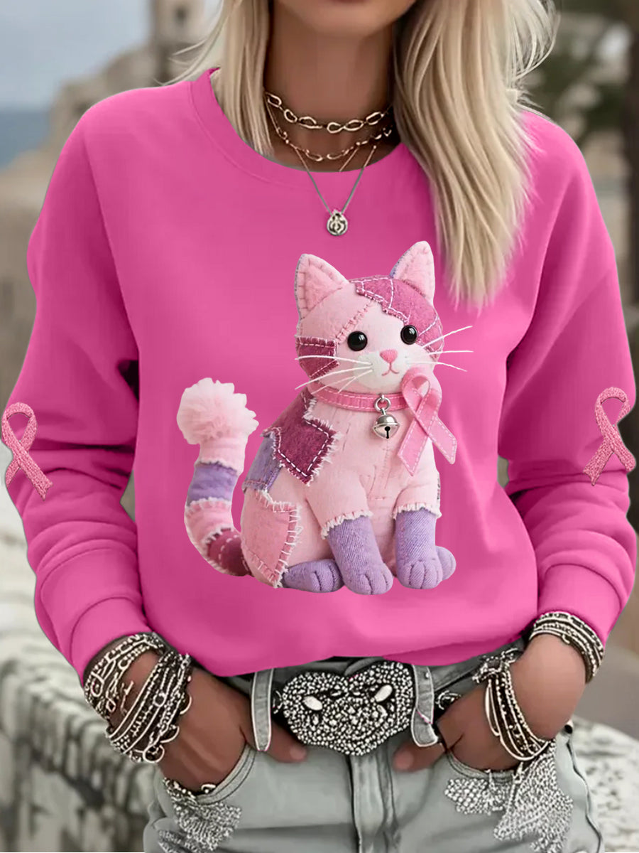 Women's Pink Cat Pink Ribbon Breast Cancer Awareness Support Sweatshirt