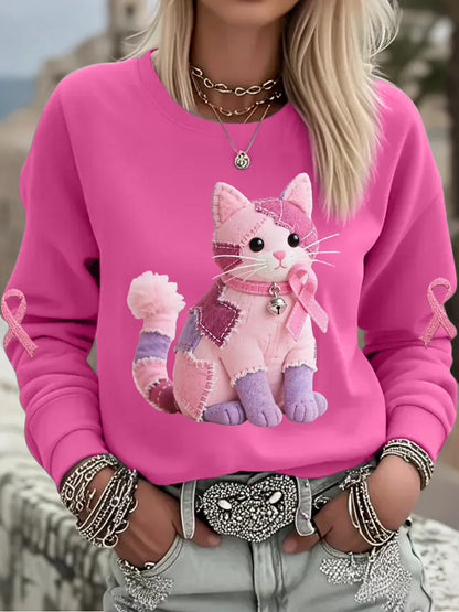 Women's Pink Cat Pink Ribbon Breast Cancer Awareness Support Sweatshirt