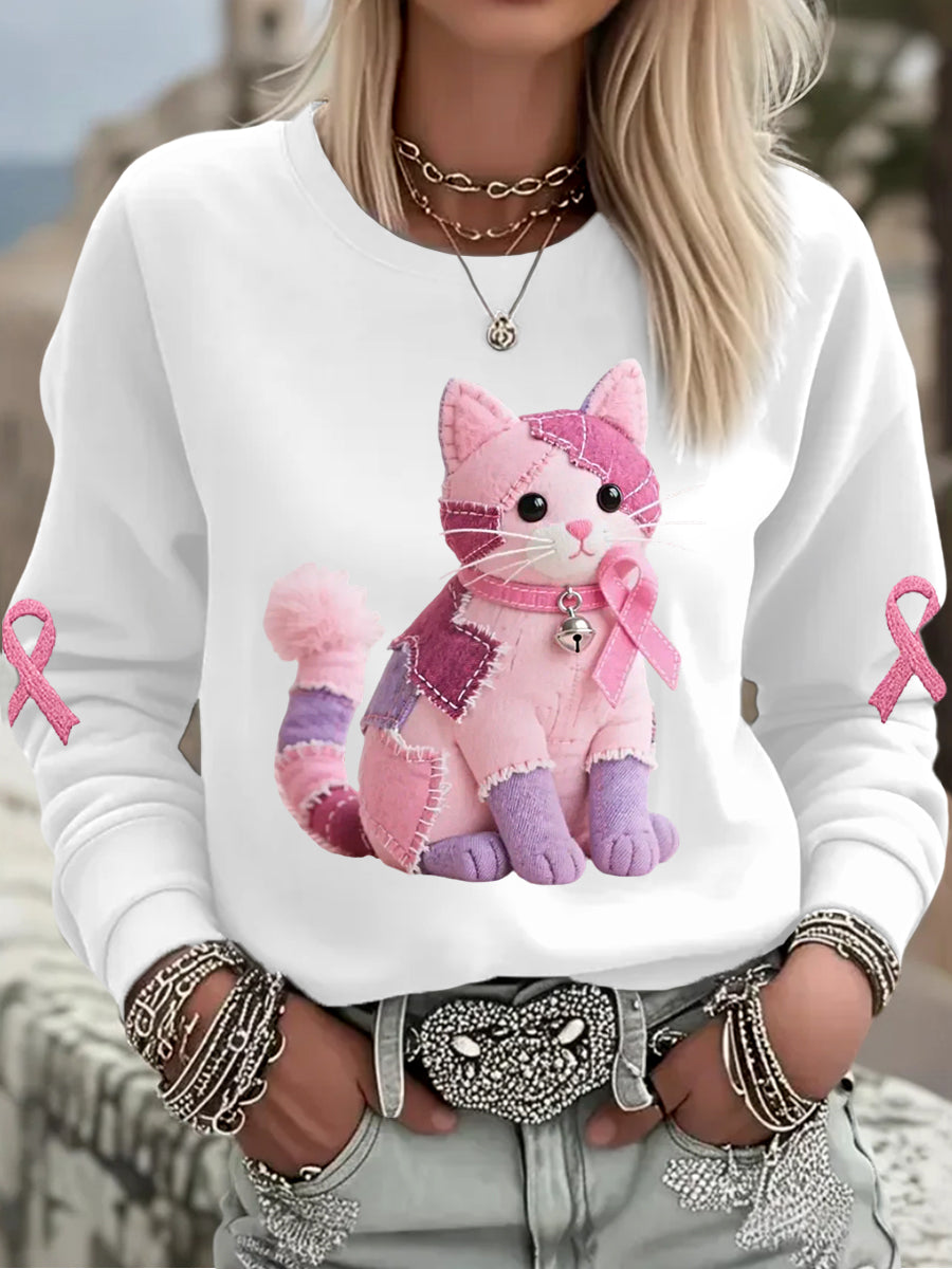 Women's Pink Cat Pink Ribbon Breast Cancer Awareness Support Sweatshirt