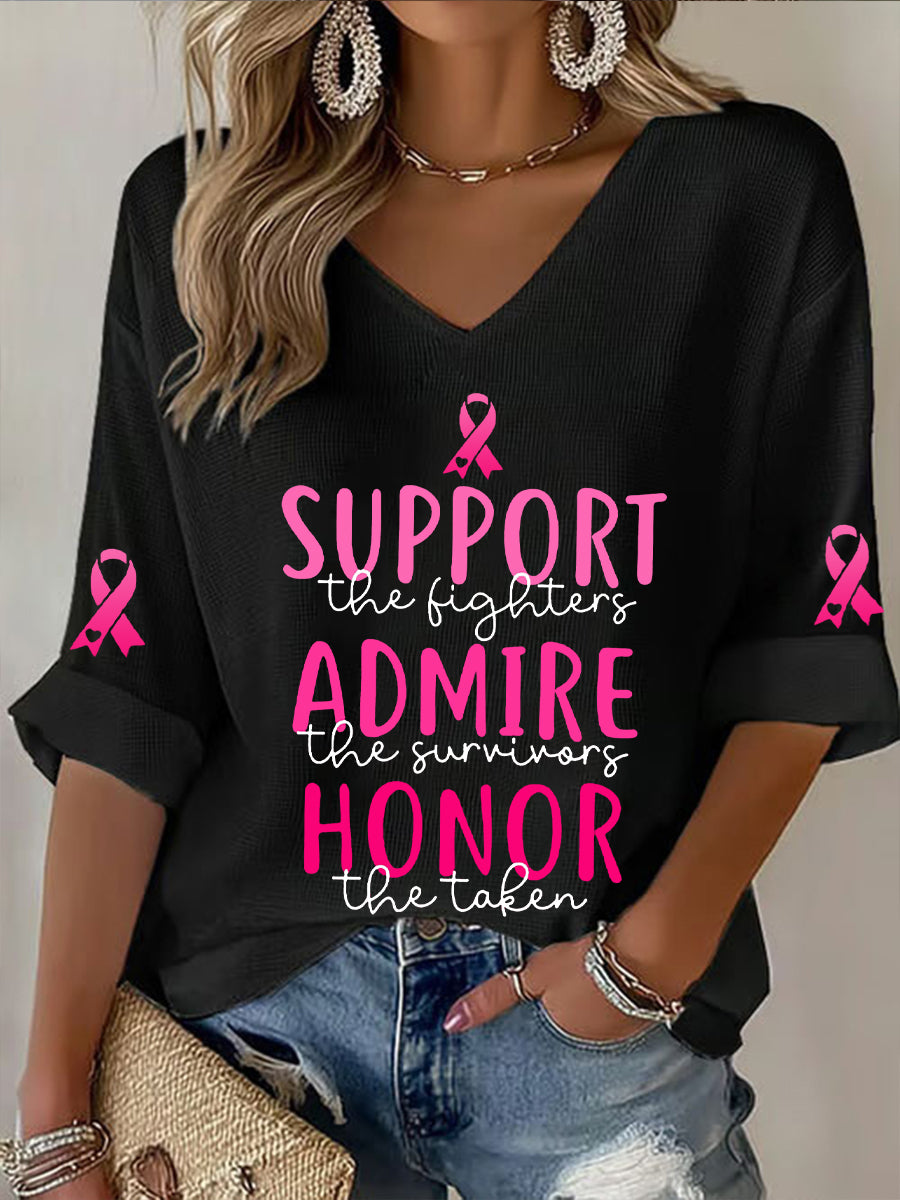 Women's Breast Cancer Awareness Support The Fighters Admire The Survivors Honor The Taken Pink Ribbon Waffle T-shirt
