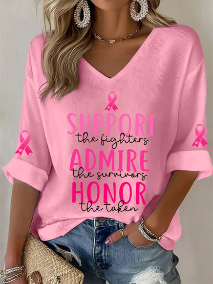 Women's Breast Cancer Awareness Support The Fighters Admire The Survivors Honor The Taken Pink Ribbon Waffle T-shirt
