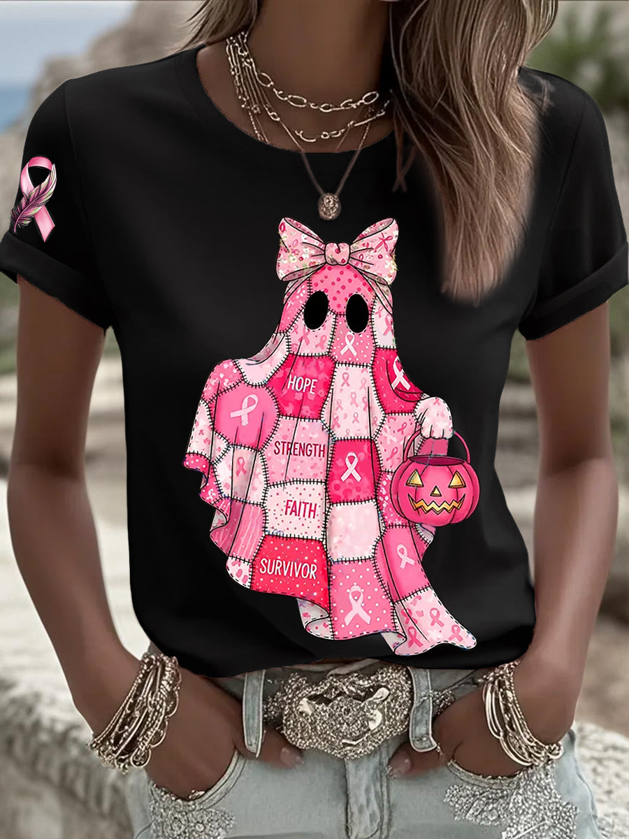 Women's Breast Cancer Awareness In October We Wear Pink Ghost Pink Ribbon Short Sleeve T-shirt