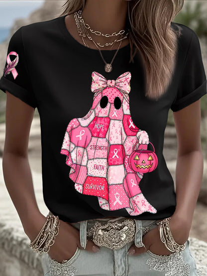 Women's Breast Cancer Awareness In October We Wear Pink Ghost Pink Ribbon Short Sleeve T-shirt
