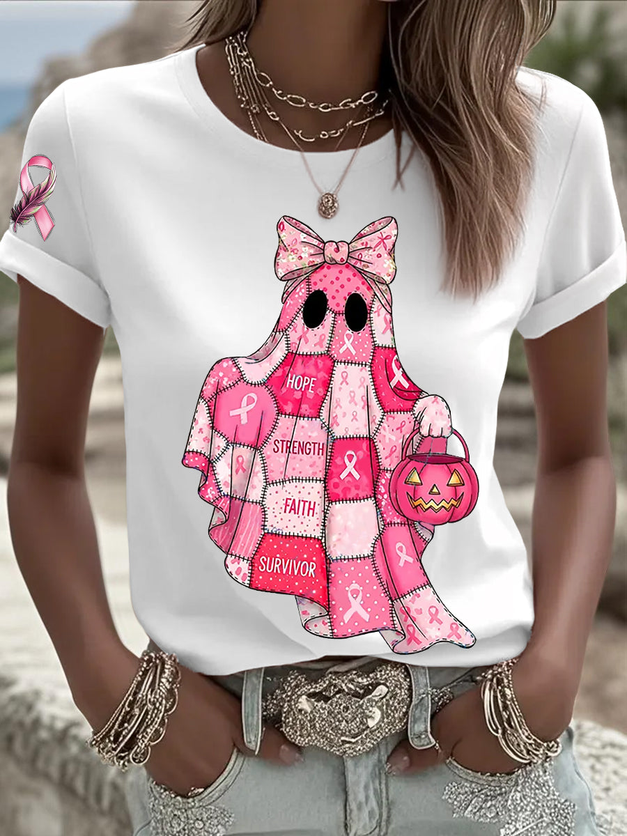 Women's Breast Cancer Awareness In October We Wear Pink Ghost Pink Ribbon Short Sleeve T-shirt