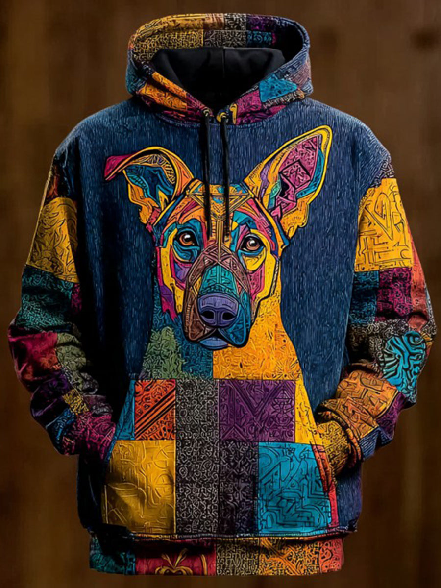 Vintage Patchwork Dog Print Art Casual Hoodie