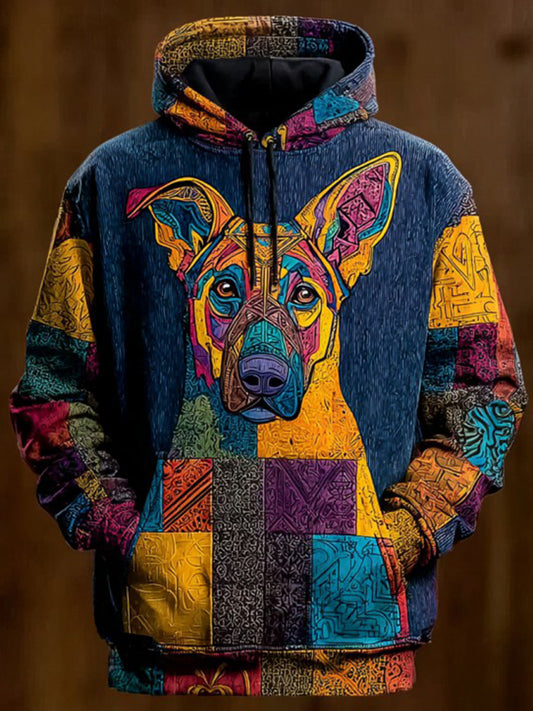 Vintage Patchwork Dog Print Art Casual Hoodie