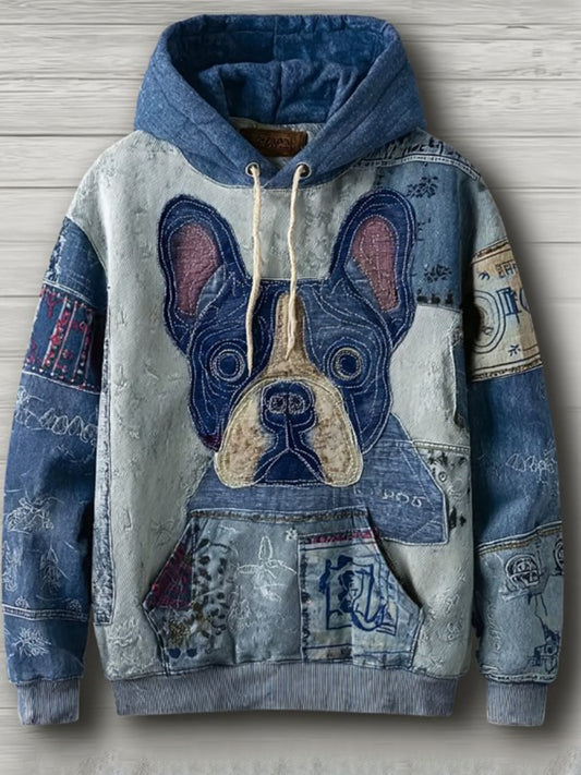 Denim Dog Print Art Casual Hoodie
