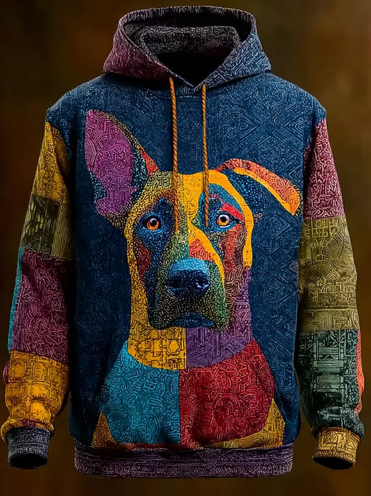 Vintage Patchwork Dog Print Art Casual Hoodie