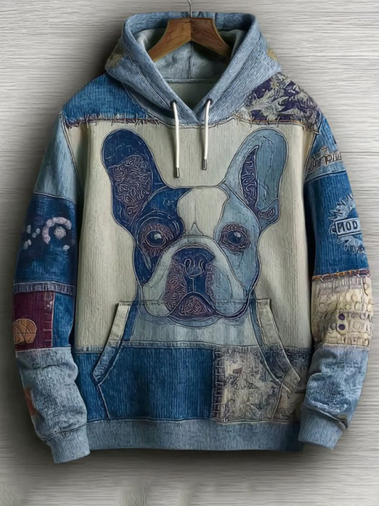 Denim Dog Print Art Casual Hoodie