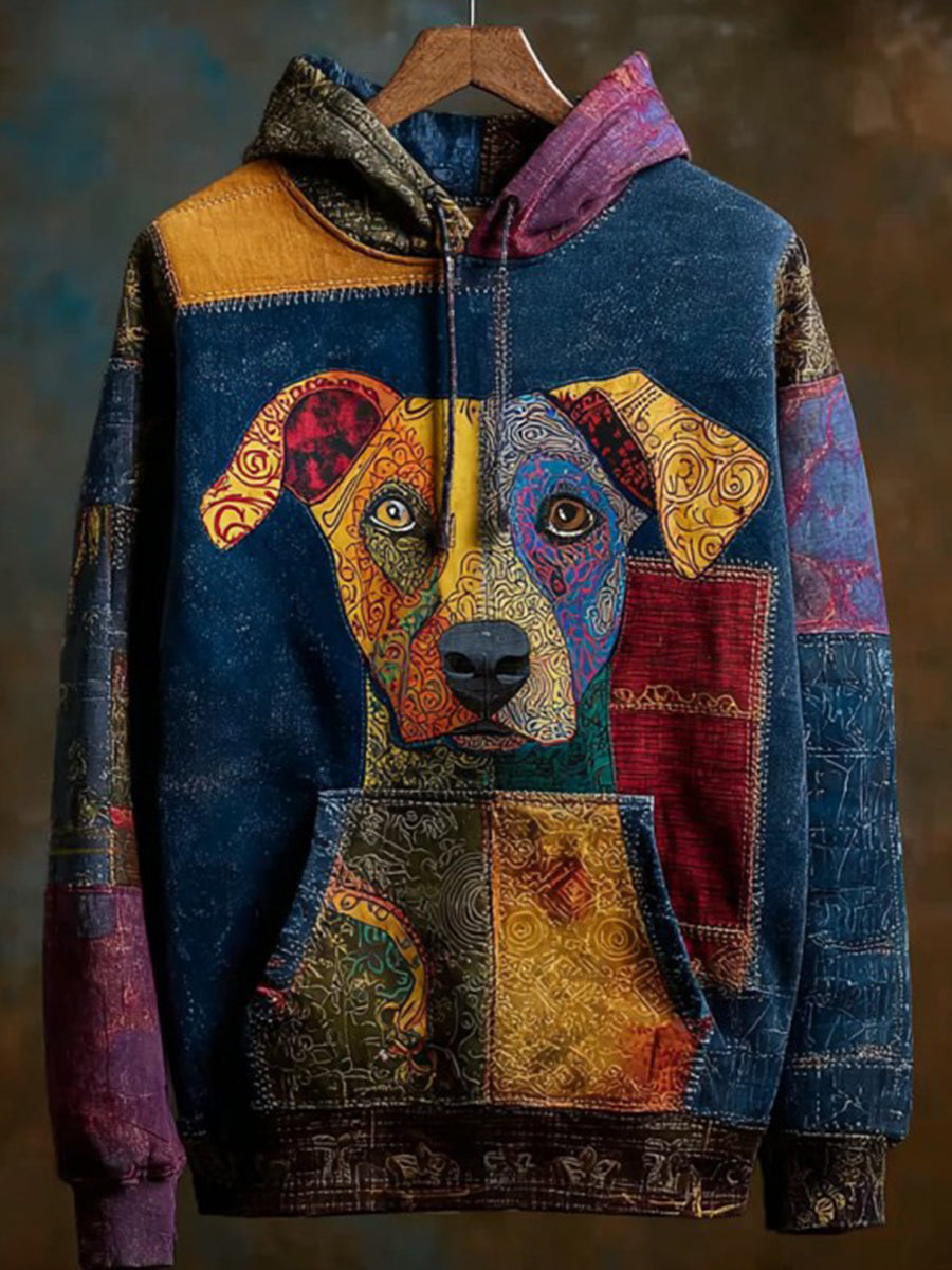 Vintage Patchwork Dog Print Art Casual Hoodie