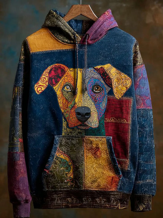 Vintage Patchwork Dog Print Art Casual Hoodie
