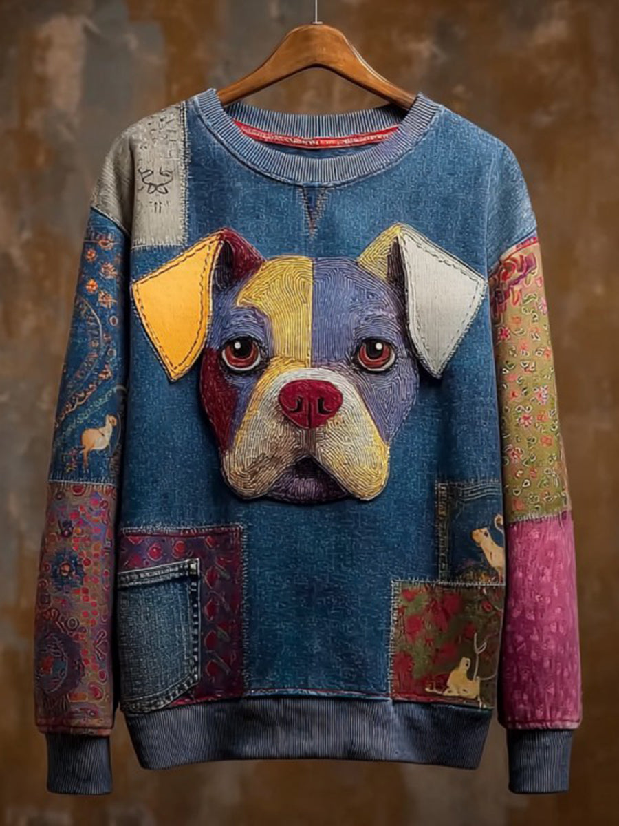 Women's Denim Dog Print Casual Sweatshirt