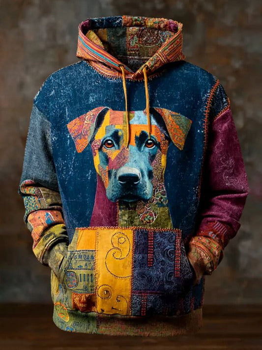 Vintage Patchwork Dog Print Art Casual Hoodie