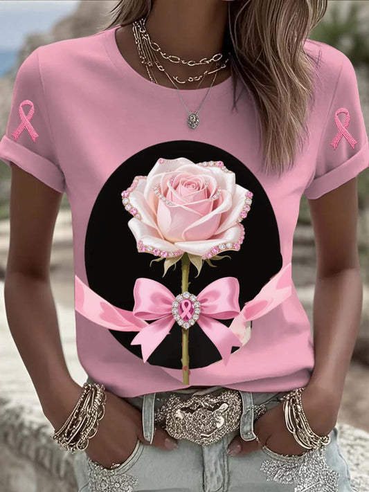 Vintage Breast Cancer Rose Floral Pearls Print Casual Cotton Short Sleeve T-Shirt